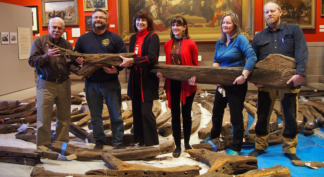 Sampling the Sparrow-Hawk timbers in January 2018: from left to right: Victor Mastone, Calvin Mires, Donna Curtin, Rebecca Griffith, Aoife Daly, Fred Hocker (photo Pilgrim Hall Museum).. Image: Pilgrim Hall Museum 