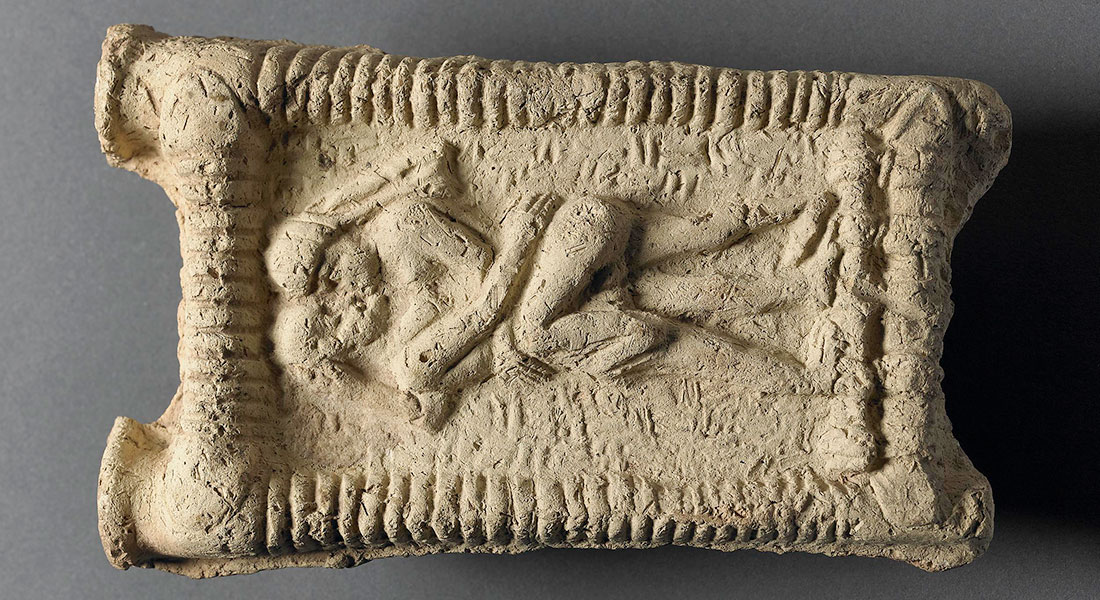 Babylonian clay model showing a nude couple on a couch engaged in sex and kissing. Date: 1800 BC. © The Trustees of the British Museum, CC BY-NC-SA 4.0, not for commercial use
